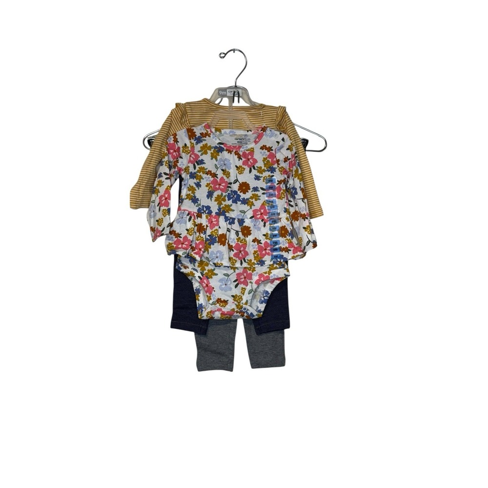 Carter's Bodysuits Pants Set Long Sleeve Flower Stripes 4-piece‎ 9 Months NWT